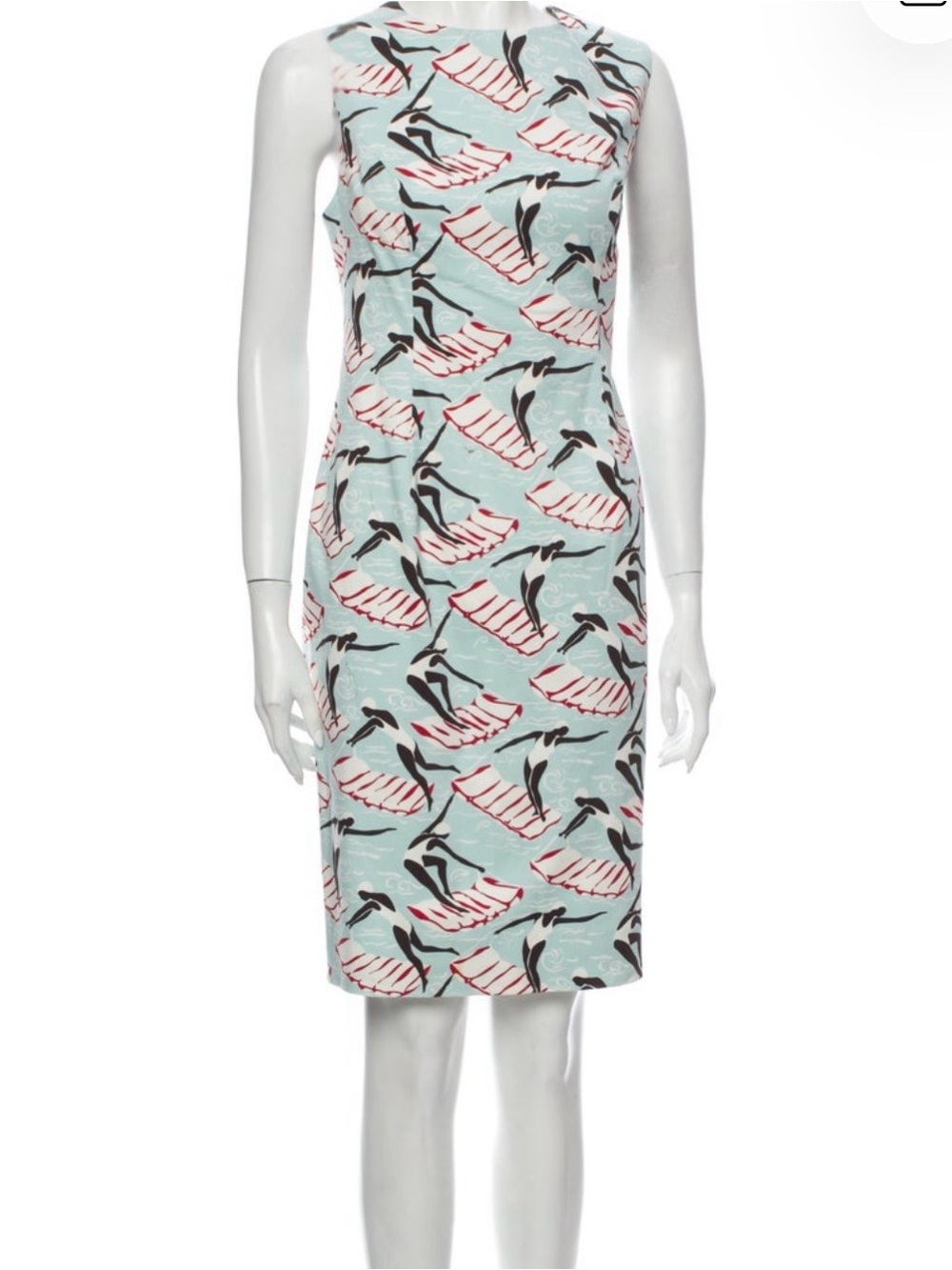 Carolina Herrera Mint Graphic Print Sheath Dress with Black and Red Accents